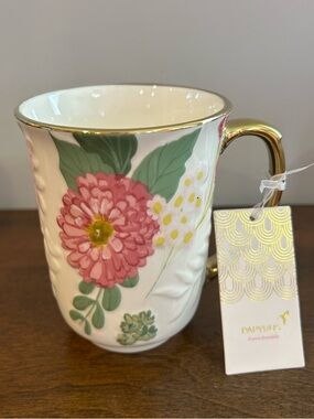 PAPYRUS 14 OUNCE CERAMIC MUG (1) PINK GREEN & WHITE FLORAL WITH GOLD ACCENTS NWT
